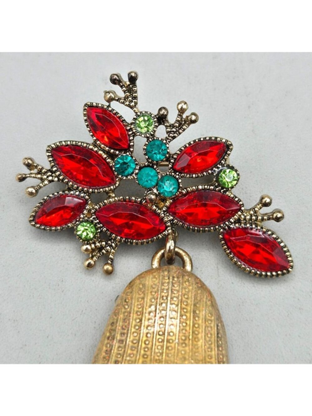 Vintage Monet Christmas Bell Brooch Red Green Rhinestones Holiday Pin - Picture 2 of 7